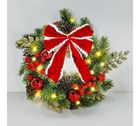 Corona de Navidad con luces LED, corona de adviento de Navidad, guirnalda de Navidad, con batería, corona decorativa de mesa, decoración de puerta y mesa, con lazo, decoración navideña aprox. 33 cm