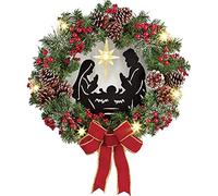 Corona de Navidad, corona de Navidad para puerta delantera, corona de puerta de Navidad con cono de pino de bayas rojas de Jesús, corona de luces LED para decoración de Navidad de chimenea (40 cm)