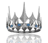 Corona de ópalo de reina y rey, corona redonda real para graduación, concurso, fiesta de cumpleaños, disfraz de San Valentín (tamaño grande de 18,5 cm de diámetro, plata oscura con piedra azul)