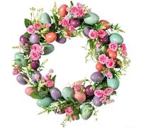 Corona de Pascua de temporada con detalles florales de seda y hojas de eucalipto para fiestas de primavera y estilo de decoración de puertas (14 pulgadas)