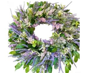 Corona de plástico con hojas y flores de eucalipto para uso estilo aldaba en zonas interiores y exteriores (40 cm)