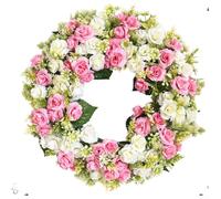 Corona de rosas blancas y rosas diseñada para exhibición de pared de puerta, compatible con la decoración del hogar de primavera y verano, requisitos de estilo de boda (polvo)