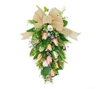 Corona de tulipanes, 55 x 30 cm, decoración de puerta de primavera y verano con lazo, adorno colgante de flores artificiales para el hogar, jardín, día de la madre