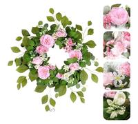 Corona decorativa artificial de eucalipto de peonía rosa combinada con ramo de girasol para uso en interiores, construcción de plástico, forma y encanto de larga duración, 65 cm de diámetro (polvo)