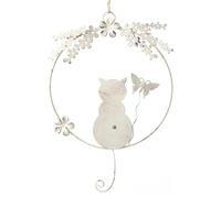 Corona Decorativa con Gato, Ø 20 cm: Adorno Puerta Metal con Figura Felina, Colgante Pared Ventana Interior, decoración hogar Vintage Shabby Chic, Escultura Crema Beige, Regalo Amantes de los Gatos