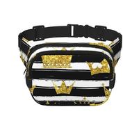 Corona Dorada Brillante con Rayas Blancas y Negras,Riñonera Cuadrada de Doble Capa, Bolso de Viaje, Bolso Informal para el Pecho.