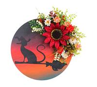 Corona floral artificial, Corona de luna de Halloween con gato for puerta de entrada, decoración de pared for ventana, interior y exterior