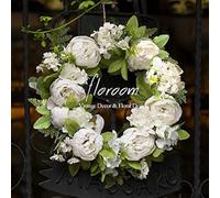 Corona Floral, Corona de Puerta, Corona de peonía Blanca Artificial para Puerta Delantera de 15 a 16 Pulgadas, decoración de Puerta Delantera, decoración de Pared