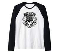 Corona floral del perro Boxer - Arte vectorial en escala de grises Camiseta Manga Raglan