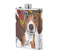 Corona floral para la cabeza de cachorro beagle,Frasco de acero inoxidable 304 de 8 oz con funda de cuero sintético, frasco de bolsillo para licor plano para exteriores