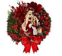 Corona navideña de 16 Pulgadas con luz Artificial, Flor de Jesús, Corona de Bayas Rojas con Hojas Mixtas, Coronas navideñas Redondas para Colgar en la Pared de la Ventana de la Puerta Delantera