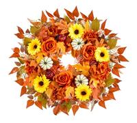 Corona Otoñal Artificial 60cm, Guirnalda Decorativa de Otoño con Calabazas, Girasoles, Rosas, Hojas de Arce, Eucalipto y Vid, Corona Floral Hecha a Mano para Puerta, Pared y Hogar