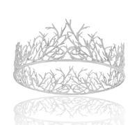 Corona real redonda completa de rey y reina con ramas, ideal para Navidad, cumpleaños, bodas, concursos de belleza, bailes de fin de curso y fiestas de Halloween (plateada)