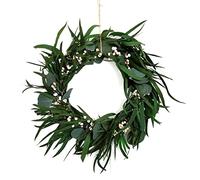 Corona rústica de flores naturales preservadas de 16 pulgadas, decoración de primavera y verano, hojas de eucalipto verde natural, bayas de sebo blanco, decoración de ventana y puerta del hogar