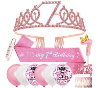 Corona y Banda de 7 Años, Decoración Cumpleaños Oro Rosa, Sash, Globos, Velas y Primero de la Torta para Niña