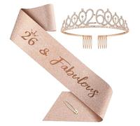 Corona y banda de cumpleaños, juego de tiara y banda de oro rosa para decoración de cumpleaños de mujer (juego de banda y tiara 16)