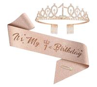 Corona y banda de cumpleaños para mujeres de 1 año a 100 años, juego de tiara de diamantes de imitación de oro rosa y banda para decoraciones (1 año)