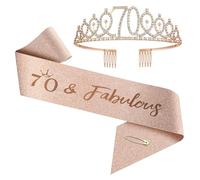 Corona y banda de cumpleaños para mujeres de 1 año a 100 años, juego de tiara de diamantes de imitación de oro rosa y banda para decoraciones (70 años)