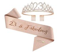 Corona y banda de cumpleaños para mujeres de 1 año a 100 años, juego de tiara de diamantes de imitación de oro rosa y banda para decoraciones (23 años)