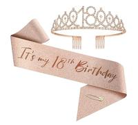 Corona y banda de cumpleaños para mujeres de 1 año a 100 años, juego de tiara de diamantes de imitación de oro rosa y banda para decoraciones (18 años)