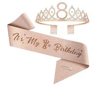 Corona y banda de cumpleaños para mujeres de 1 año a 100 años, juego de tiara de diamantes de imitación de oro rosa y banda para decoraciones (8 años)