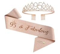 Corona y banda de cumpleaños para mujeres de 1 año a 100 años, juego de tiara de diamantes de imitación de oro rosa y banda para decoraciones (95 años)