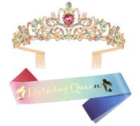Corona y Faja de Cumpleaños Birthday Queen Tiara, Cinturón Diadema de Colorida Cristal Kit Decoracion Regalos Princesas Tiara Accesorios para Mujeres Niñas Fiestas de Cumpleaño Suministros