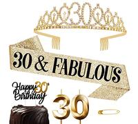 Corona y Faja de Oro para 30 Años Mujer - Tiara, Cinturón, Diamantes, Velas Topper para Torta de Cumpleaños - Regalo y Decoración