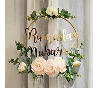 Coronas de Ramadán Mubarak, Decoraciones Artificiales de Corona de Camelia Rosa para Puerta Delantera, Guirnalda Colgante Floral de aro de Metal Redondo, para Pared, Ventana, Interior, Exterior,
