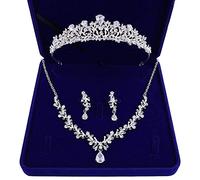 Coronas para el Cabello para Mujer Conjuntos de joyería Nupcial de Hojas de Cristal Noble de Lujo Corona de Diamantes de imitación Tiaras Collar Pendientes Conjunto para B (Plata b) (Plata b)