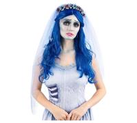 Corpse Bride Mujer Azul Brillante Disfraz de Halloween Largo Peluca Ondulada