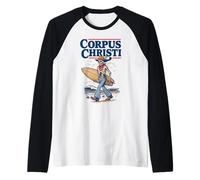 Corpus Christi Surf Retro Skeleton Cowboy Surfing Texas Camiseta Manga Raglan