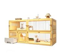 Corral para Gatos Espaciosa Interior, Jaula para Gatos con Arenero De Cajón, Recinto para Gatos Modular, Corralito Transpirable para Casa, Vista Panorámica Varios Niveles(141x46x71cm)