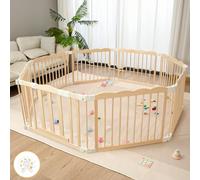 Corralito de madera natural para bebés y niños pequeños, corrales portátiles para niños, área de juego extragrande con ventosas (conector plegable)