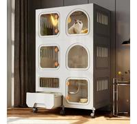 Corralito para gatos con ruedas, caja de alambre de metal y caja de arena, diseño plegable, estructura desmontable para un gran espacio de ejercicio