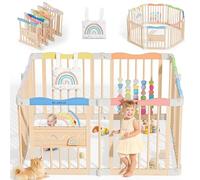 Corralito plegable de madera - Patio de juegos de madera ajustable para bebés, valla de seguridad grande para interiores para bebés y niños pequeños - Fácil montaje, 45 x 45 x 24 pulgadas, sueño