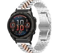 Correa de Acero Inoxidable Macizo de 20/22/26 mm para Garmin Fenix 8 y Modelos Compatibles | Pulsera de Eslabones con Cierre Mariposa (Plateado&Oro rosa, 22m)
