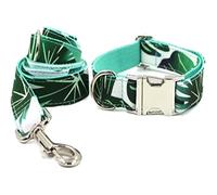 Correa de Adiestramiento Collar De Perro De Poliéster Grabado con Hojas Verdes Que Imprimen Elegante Juego De Correa De Cuello para Mascotas con Pajarita Correa Antitirones Perro (Color : Grün, Size