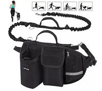 Correa de correr para perros manos libres con cinturón de apoyo ancho para la espalda, cintura ajustable, múltiples compartimentos, asas dobles y correas elásticas con costuras reflectantes (negro)