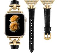Correa de Cuero Auténtico Compatible con Apple Watch Ultra3/2/1 SE3/2/1 Series11/10/9/8/7/6/5/4/3/2/1 para Mujeres, Correa Elegante de Fantasía para 38/40/41/42/44/45/46/49 mm - Hebilla Negro Oro