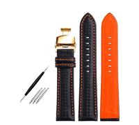 Correa de cuero para hombre de 18 mm, 20 mm, 22 mm y 20 cm de largo, con patrón de fibra de carbono y costuras rojas, con hebilla de mariposa.,Negro Naranja Dorado,22 mm