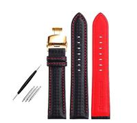 Correa de cuero para hombre de 18 mm, 20 mm, 22 mm y 20 cm de largo, con patrón de fibra de carbono y costuras rojas, con hebilla de mariposa.,Negro Rojo Dorado,22 mm