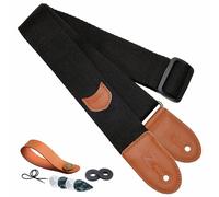 Correa de Guitarra con bolsillo para púa, Correa Guitarra de algodón con extremos de cuero de grano completo para bajo, guitarra eléctrica y acústica, regalos para niños y adulto guitarristas (Negro)