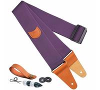 Correa de guitarra vintage de nailon de grano completo, con bolsillo para púas, para bajo, eléctrico y acústico, incluye botón de correa, 1 par de cierres y 4 púas de guitarra (morado)