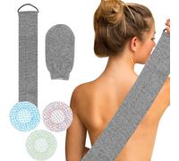 Correa de lavado exfoliante, guante de jabón de fibra vegetal, correa de espalda con jabón natural exfoliante de ducha para baño y lavado (gris) con juego de tres gorros de ducha