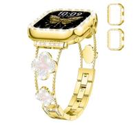 Correa de Metal para Mujer + Funda Protectora Compatible con Apple Watch 42 44 45 46 mm, Pulsera de Metal Brillante con Caja de Diamantes para iWatch SE 3/2 11 10 9 8 7 6 5 4 3 Band, Oro-Blanco