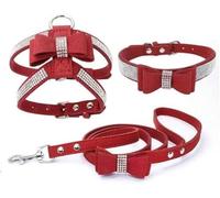 Correa de Pecho Ajustable con Hebilla de Diamantes de imitación, Lazo de Gamuza Suave, arnés para Perros y Gatos, Collar de Cuero para Mascotas, Juego de 3 Piezas, Rojo, M