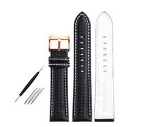 Correa de piel unisex de 18 mm, 20 mm, 21 mm, 22 mm, 23 mm y 24 mm, 20 cm de largo, con veteado de fibra de carbono y costuras en rojo y naranja, accesorios reemplazables.,Rosa blanca y negra,24 mm