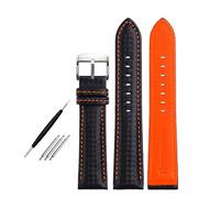 Correa de piel unisex de 18 mm, 20 mm, 21 mm, 22 mm, 23 mm y 24 mm, 20 cm de largo, con veteado de fibra de carbono y costuras en rojo y naranja, accesorios reemplazables.,Negro Naranja Sr,22 mm