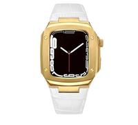 Correa de reloj de cuero compatible con Apple Watch Band Series de 41 mm, 44 mm, 45 mm, correa de reloj de cuero genuino de lujo para hombre y funda protectora de acero inoxidable para iWatch para